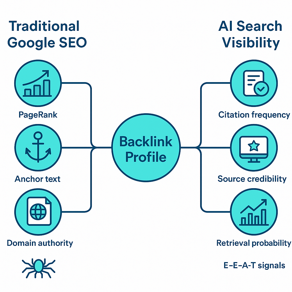 Infographic comparing how backlinks function in traditional Google SEO versus AI search engine visibility in 2026