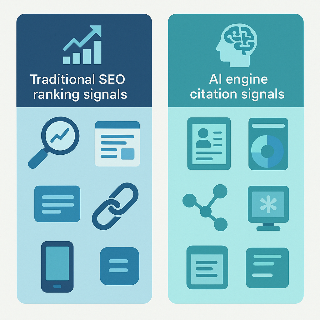 Comparison infographic showing Google SEO ranking signals versus AI engine citation signals for GEO optimization in 2026