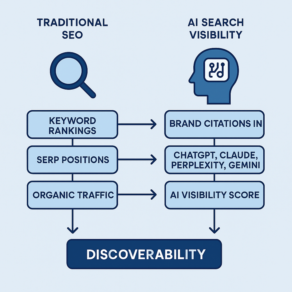 Infographic comparing traditional SEO ranking metrics versus LLM visibility and AI citation tracking metrics