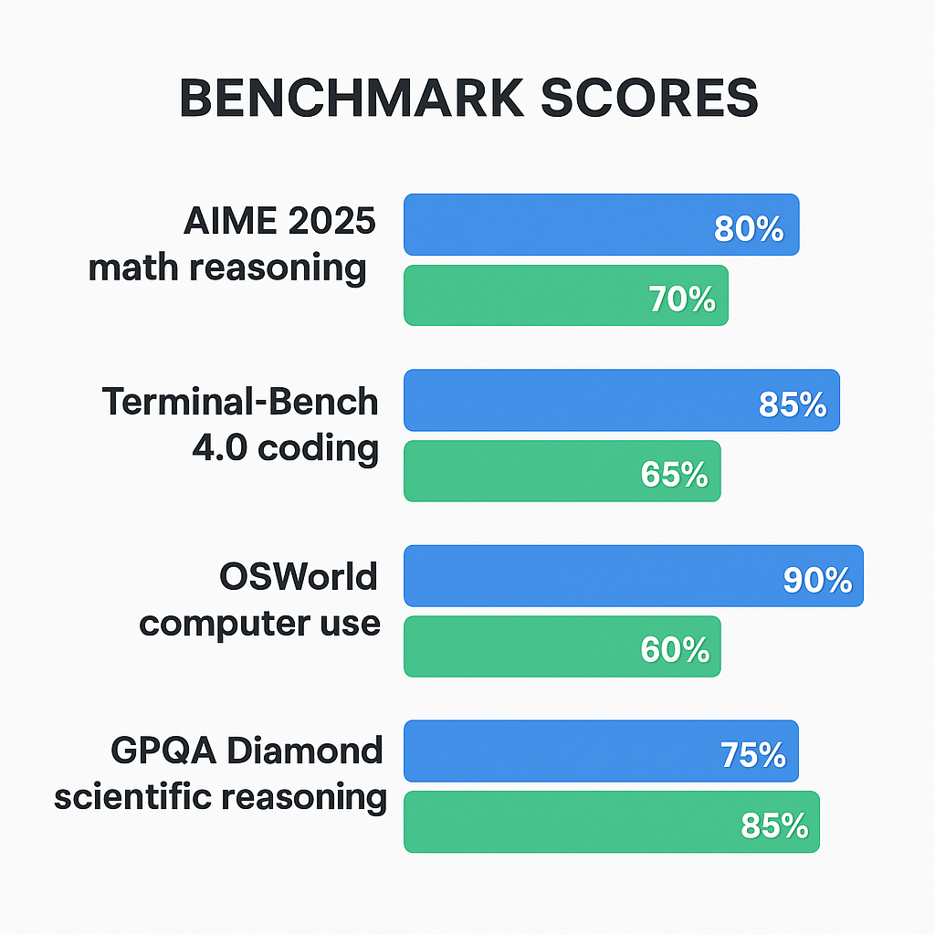 Benchmark comparison chart for Claude vs ChatGPT across math, coding, computer use, and scientific reasoning in 2026