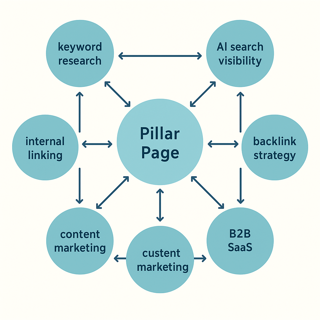 Content cluster architecture diagram showing pillar page and cluster articles for organic traffic generation strategy