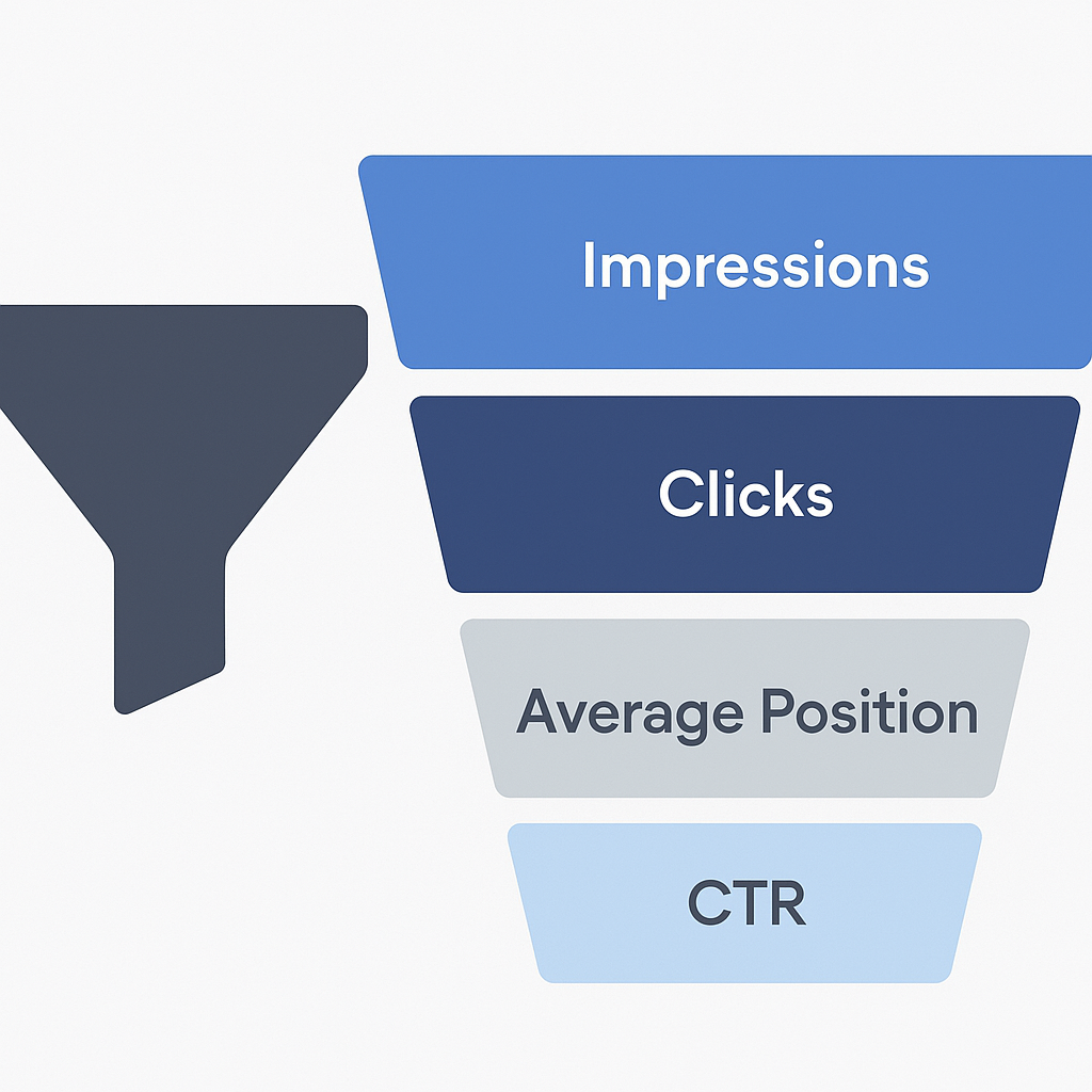 On-page SEO performance metrics funnel showing impressions clicks position and CTR for B2B SaaS