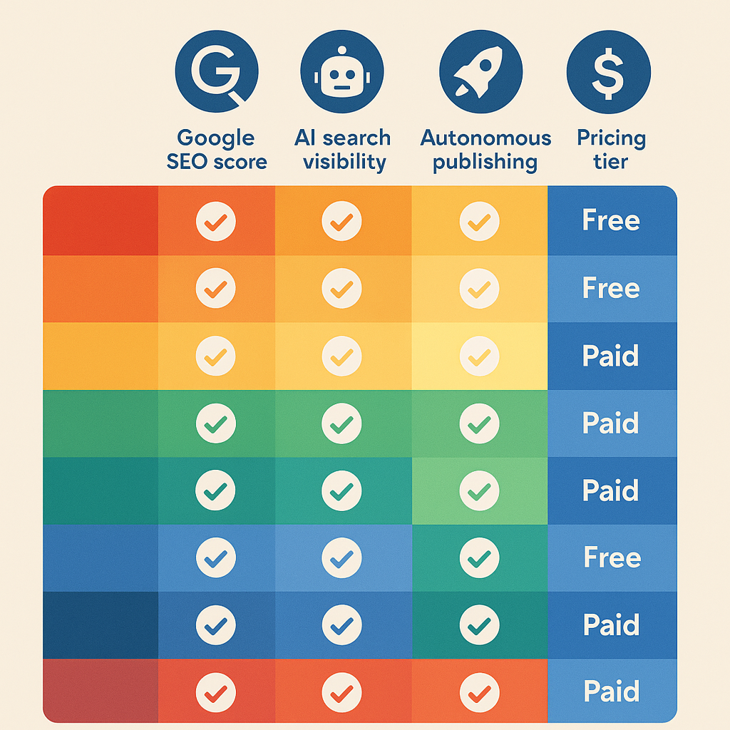 comparison matrix of 12 content optimisation tools ranked by SEO, AI search visibility, publishing capability, and price in 2026