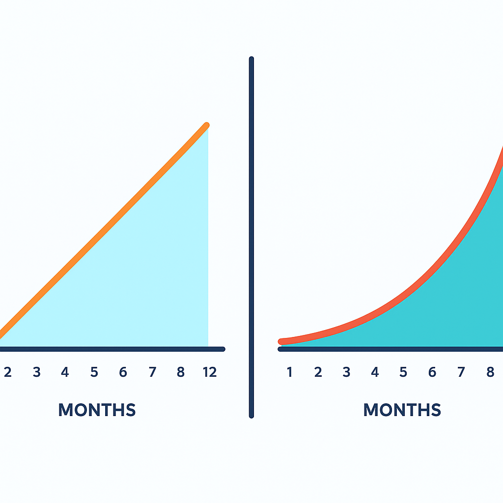 Infographic comparing linear manual SEO content growth versus exponential auto SEO platform compounding growth over 12 months