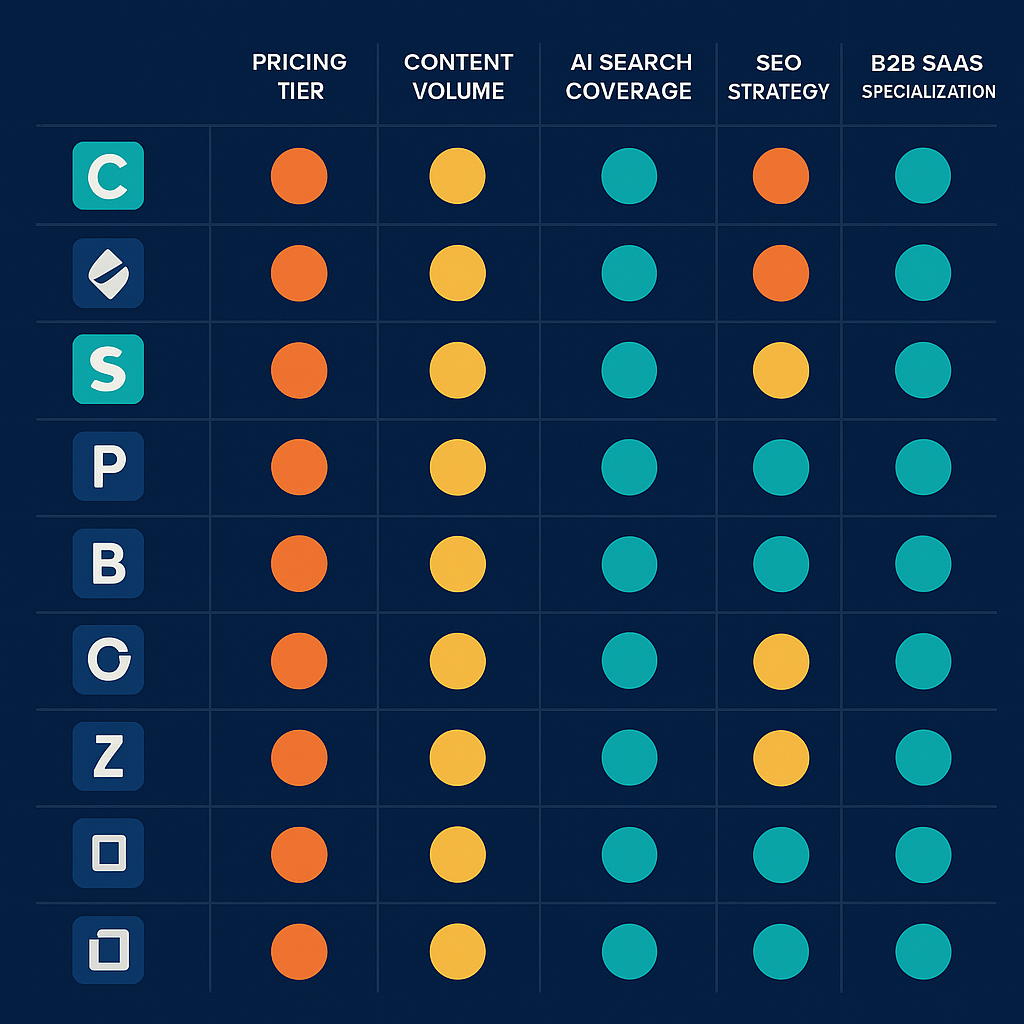 Comparison chart of top 12 content marketing companies ranked by pricing tier, volume, AI search coverage, SEO strategy depth, and B2B SaaS specialization