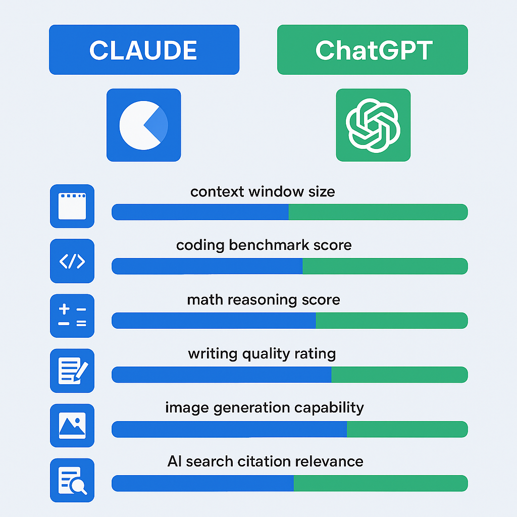 Side-by-side comparison infographic of Claude vs ChatGPT across six key performance axes in 2026