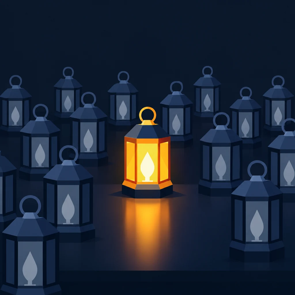 One illuminated lantern among dim ones, representing the few salient entities on a web page