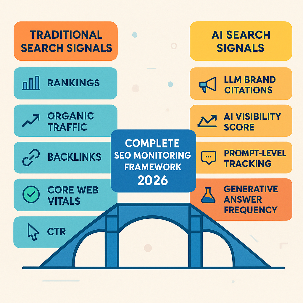 Two-layer SEO monitoring framework showing traditional search signals alongside AI search citation signals for 2026