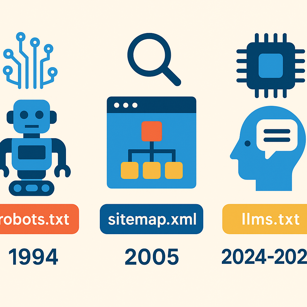 Timeline infographic comparing robots.txt, sitemap.xml, and llms.txt web standards for search and AI crawlers