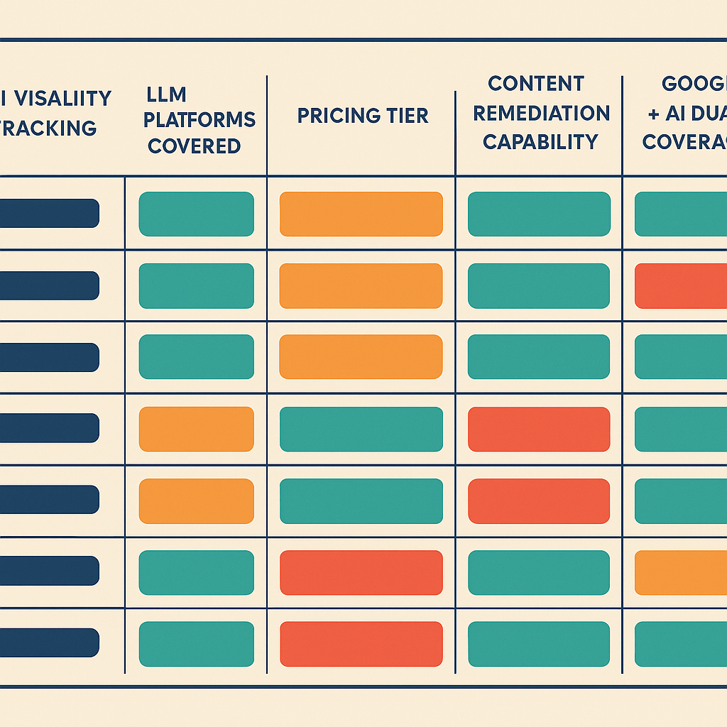 AI visibility tracking tool comparison chart showing 8 tools rated across LLM coverage, pricing, remediation, and dual search coverage in 2026