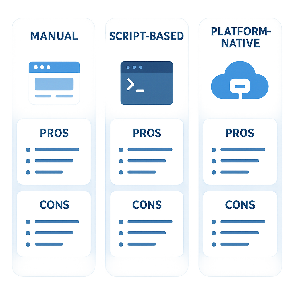 Comparison infographic of three llms.txt generator methods: manual, script-based, and platform-native, showing pros and cons of each