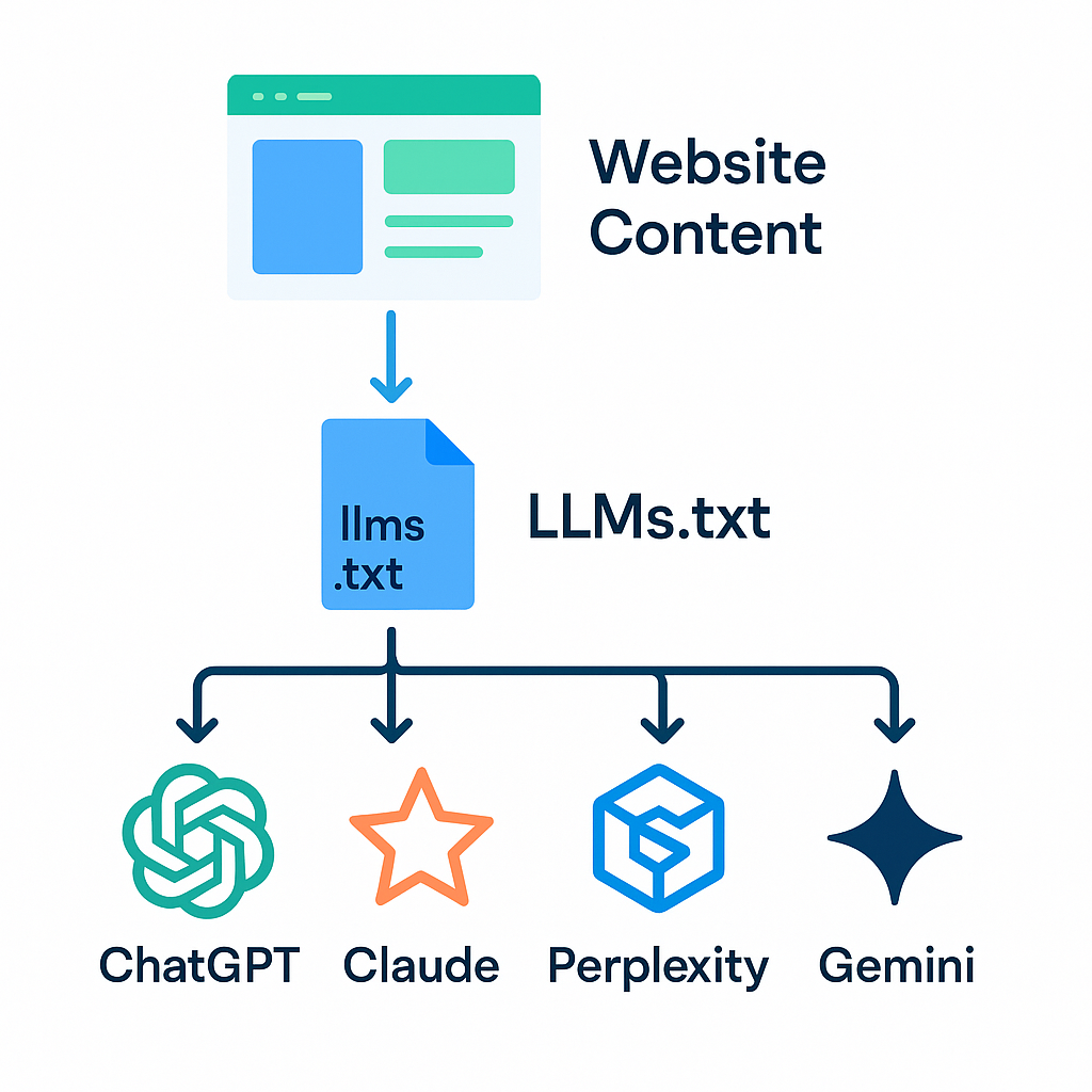 Infographic showing how an llms.txt file routes AI search engines like ChatGPT, Claude, Perplexity, and Gemini to cite website content