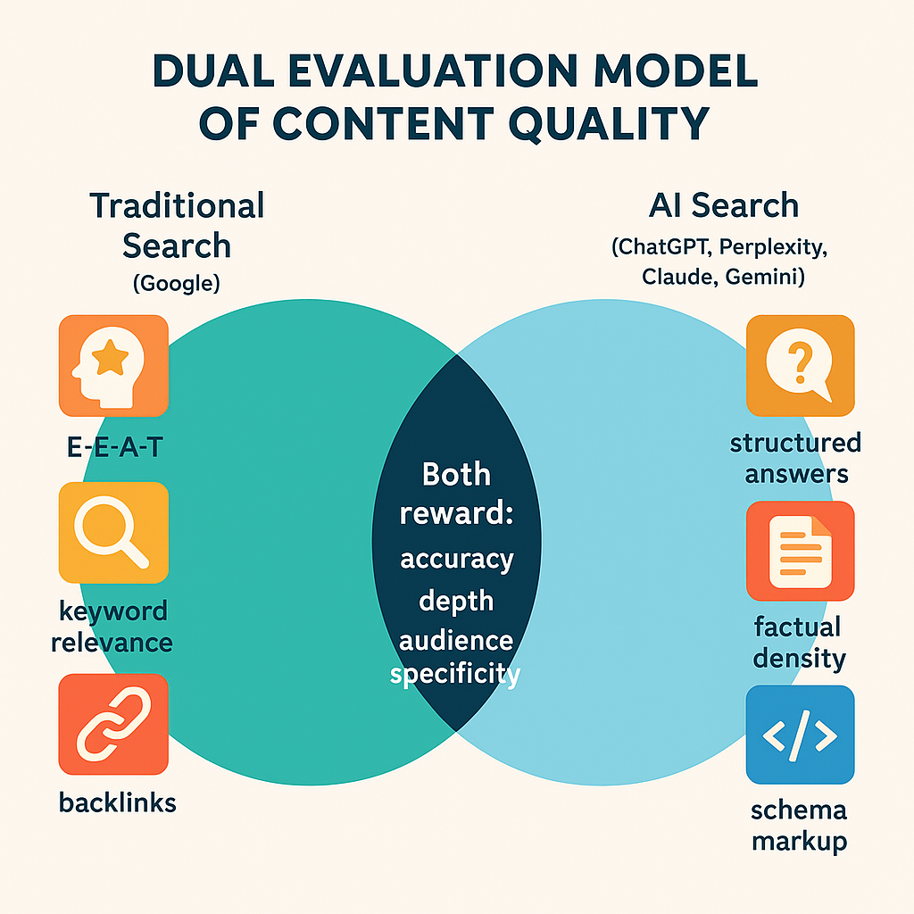 Infographic comparing content quality signals for traditional Google SEO versus AI search engines like ChatGPT and Perplexity