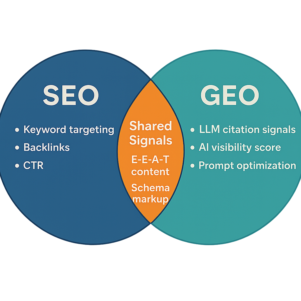 Venn diagram showing overlapping and distinct signals for SEO and GEO content optimization strategies