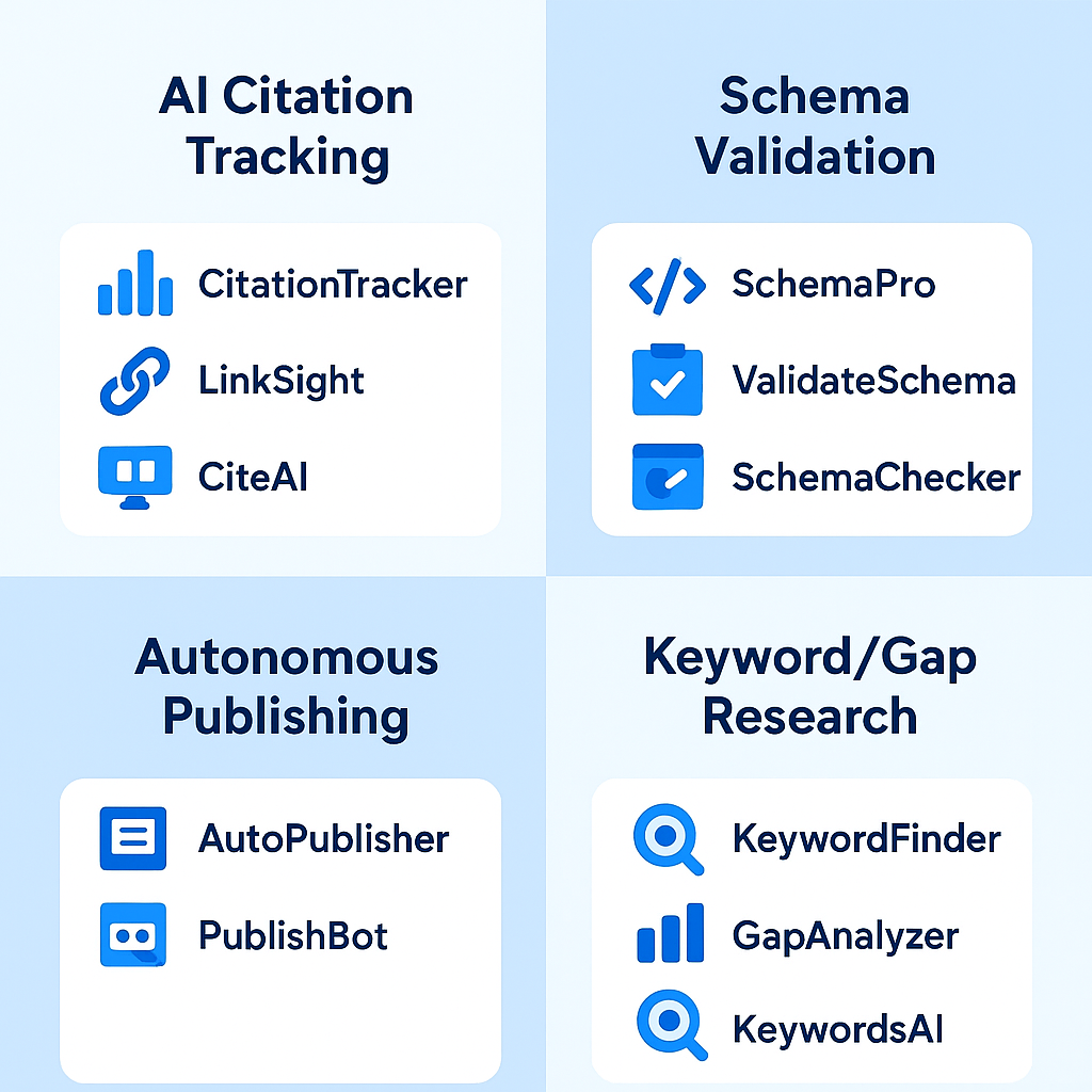 AEO tools categorized by function: AI citation tracking, schema validation, autonomous publishing, and keyword research