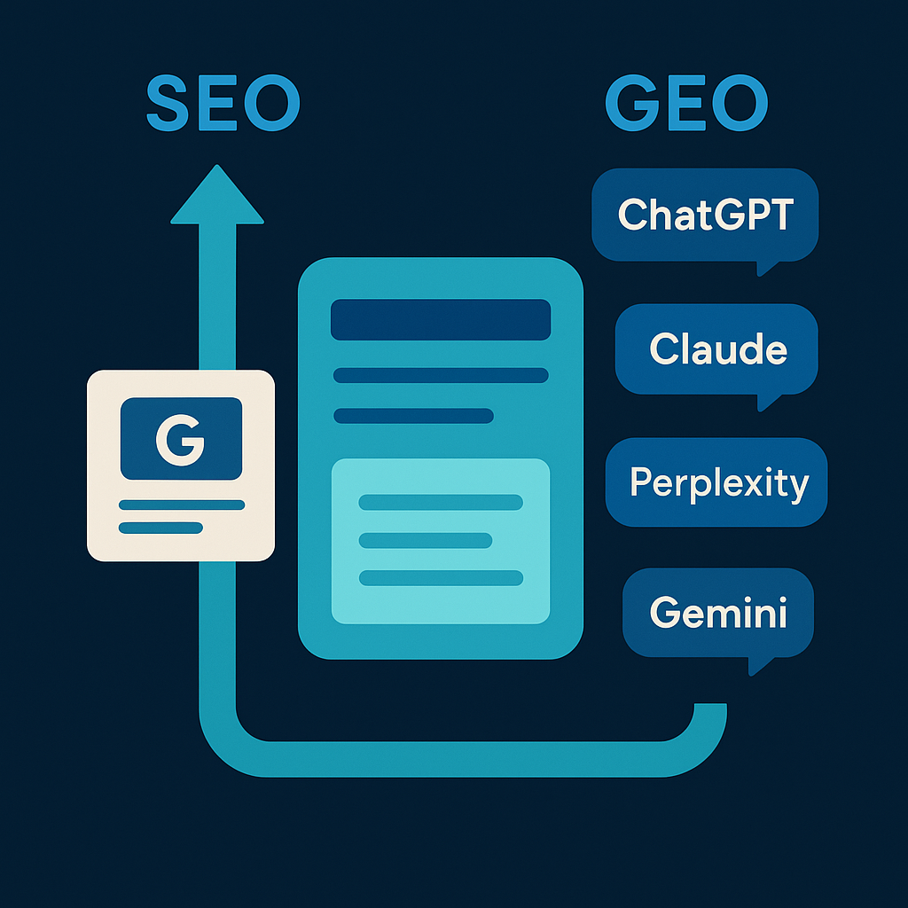 Infographic comparing SEO and GEO channels showing Google rankings versus AI engine citations with a shared content foundation