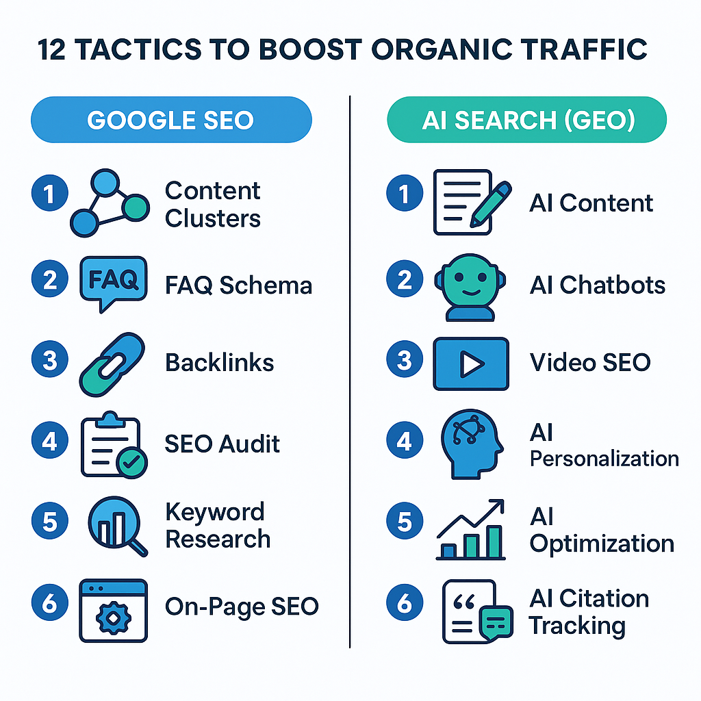 Infographic showing 12 tactics to boost organic traffic across Google SEO and AI search engines in 2026