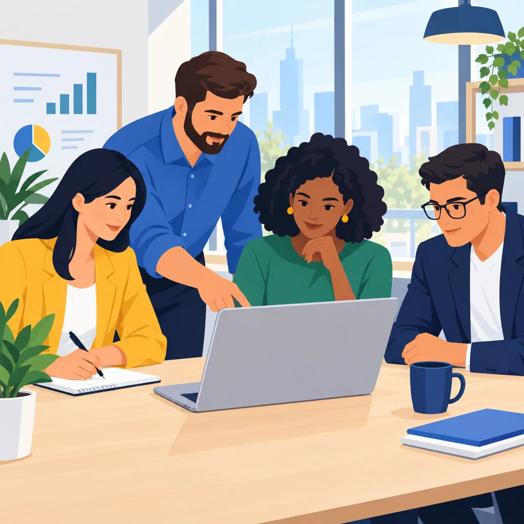 A small SaaS marketing team gathered around a laptop in a bright modern office, one person pointing at the screen while another takes notes, warm natural light, calm focused mood