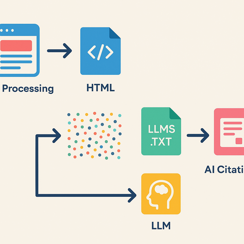 Infographic comparing LLM content retrieval with and without llms.txt structured signal
