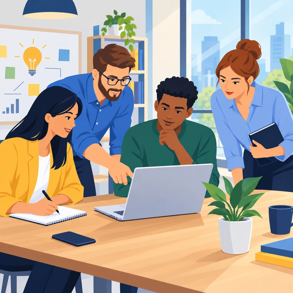 B2B SaaS marketing team reviewing backlink opportunities together on a laptop