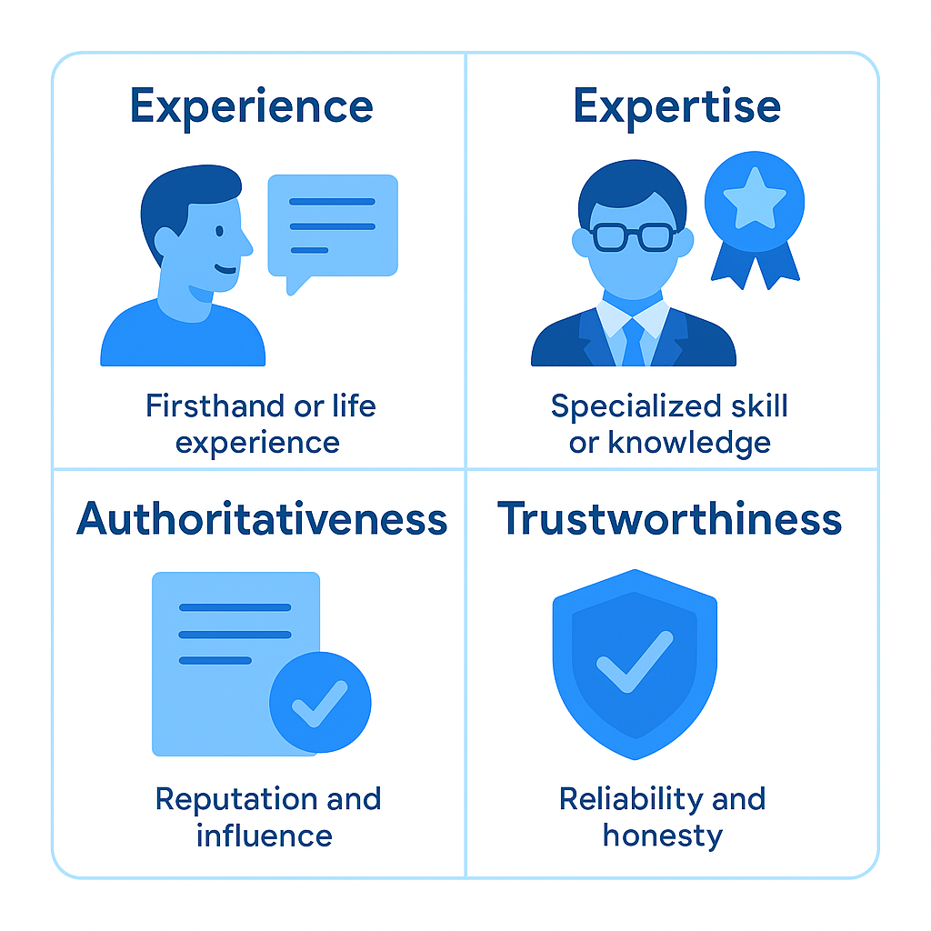 E-E-A-T framework diagram showing the four Google content quality signals for SEO in 2026