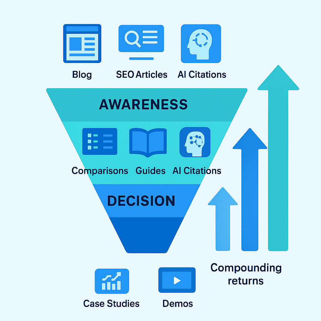 B2B SaaS content marketing funnel showing advantages at each stage from awareness to conversion