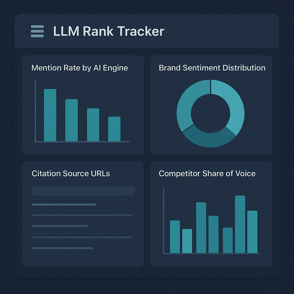 LLM rank tracker dashboard showing mention rate, sentiment, citation URLs, and competitor share of voice metrics