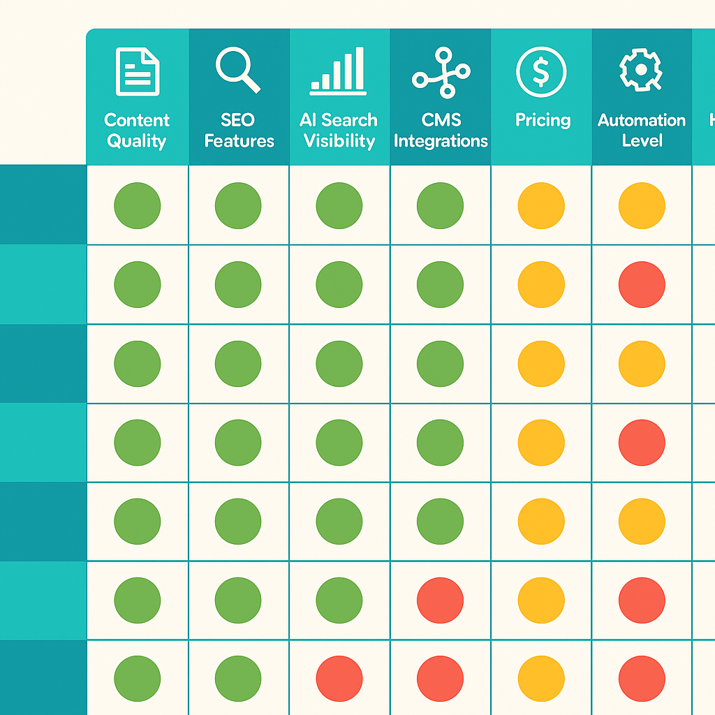 side-by-side feature comparison table of 8 Jasper AI alternatives including Gofylo, Writesonic, Copy.ai, Rytr, Anyword, Scalenut, Koala AI, and Surfer SEO