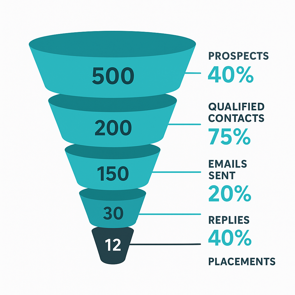 backlink outreach funnel showing conversion rates from prospect to placement across five stages