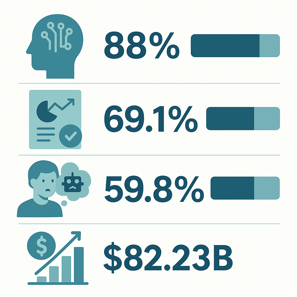 Infographic showing AI adoption rates among marketers in 2026, including job replacement concerns and market growth projections