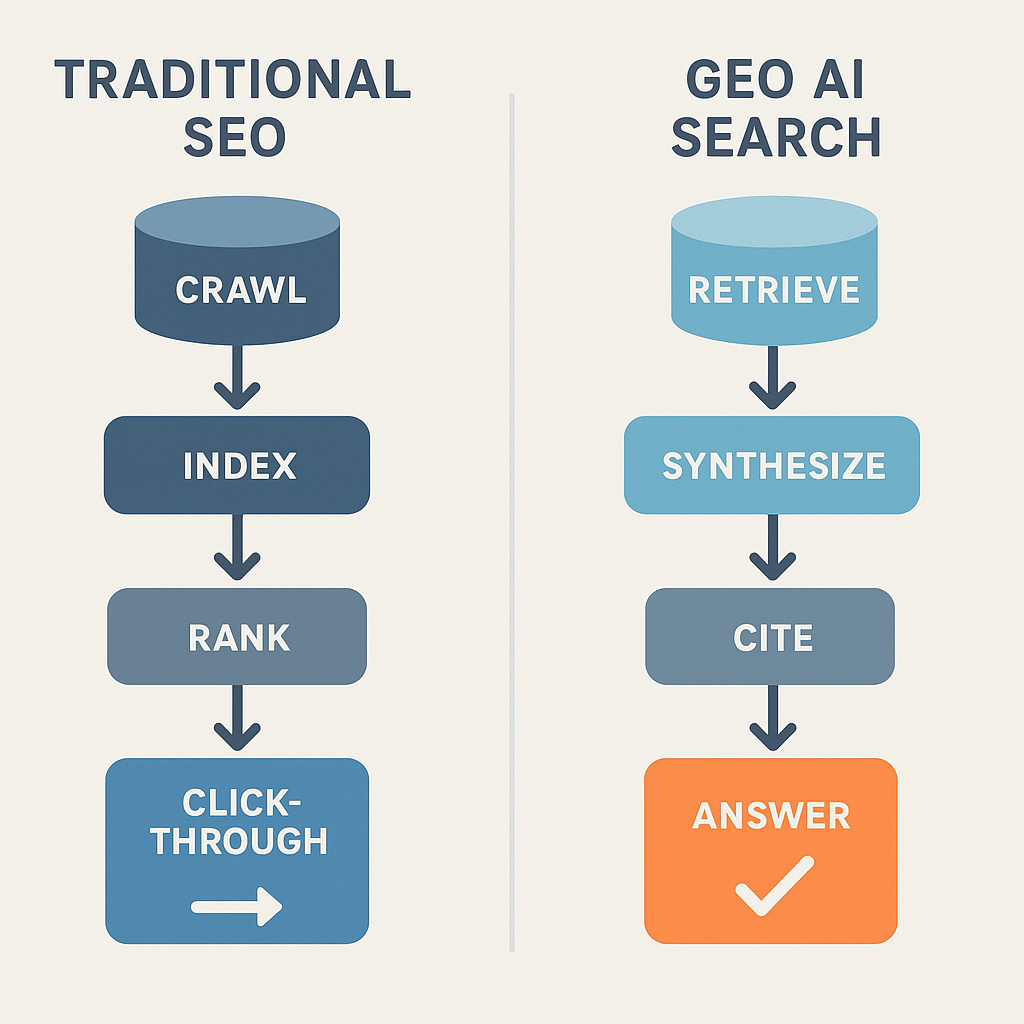 Infographic comparing the traditional SEO pipeline versus the GEO AI search citation pipeline for B2B content teams