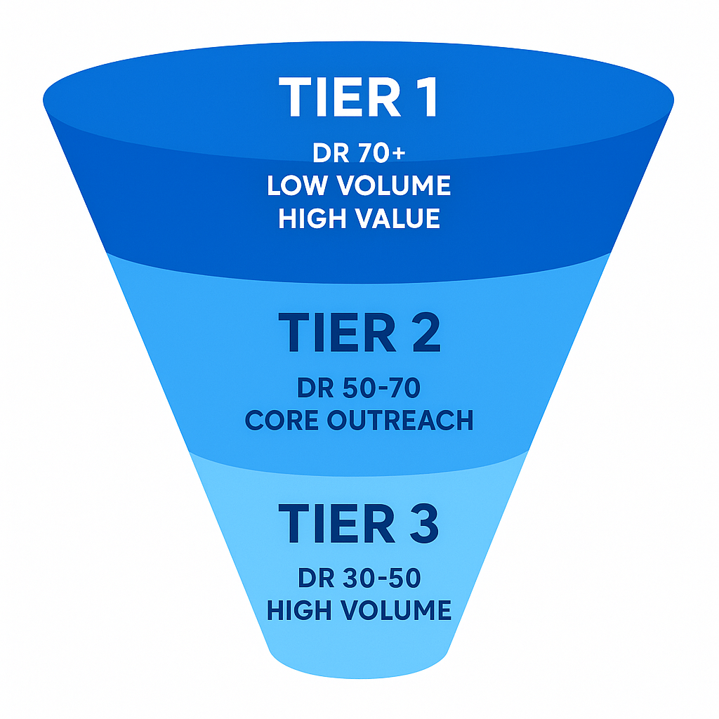 Infographic showing three-tier guest posting qualification framework for backlink building in B2B SaaS