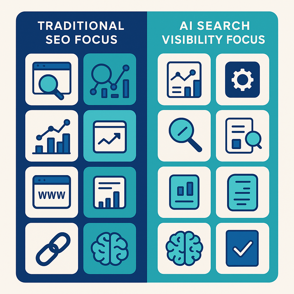 Comparison infographic of 12 AI tools for SEO categorized by traditional SEO and AI search visibility capabilities