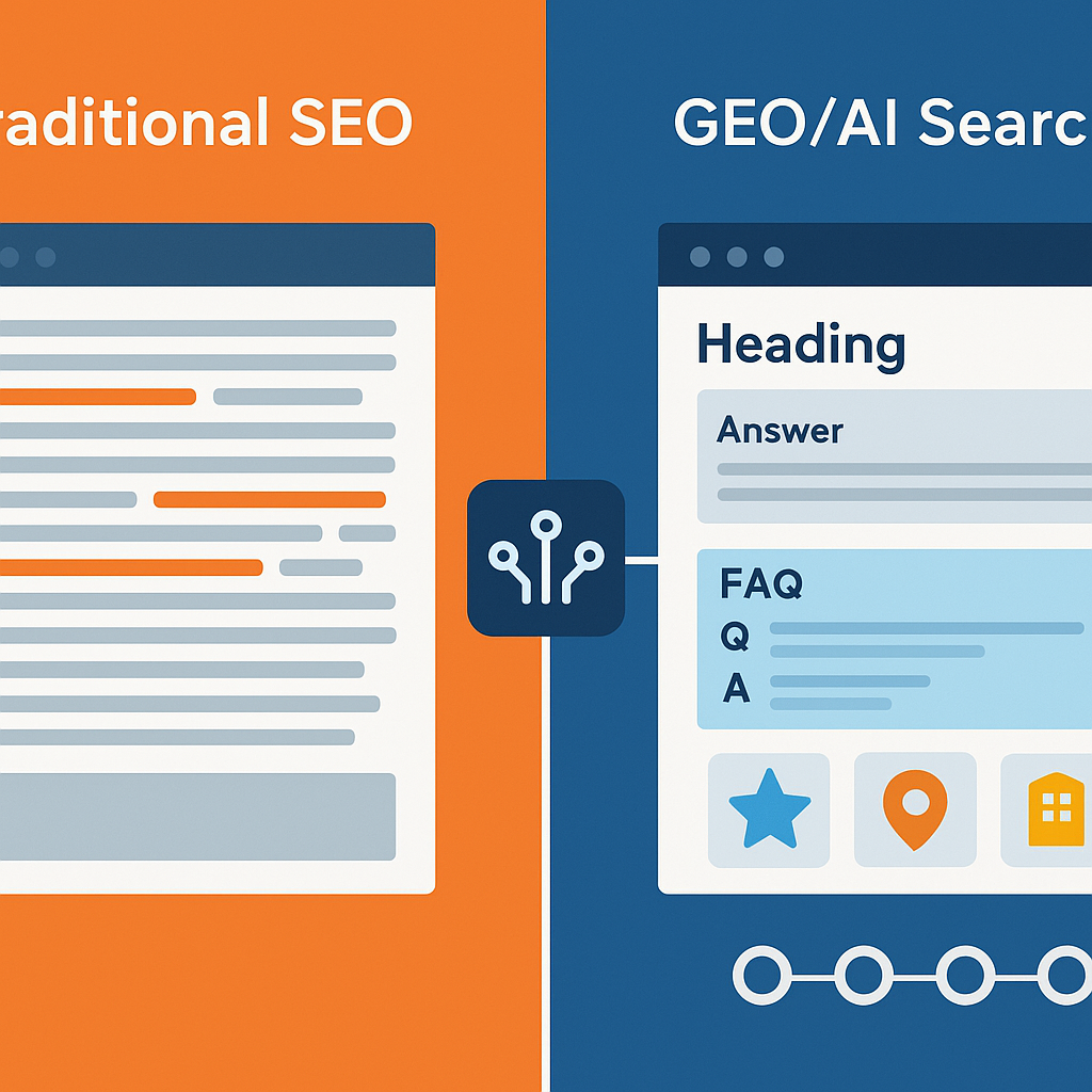 Side-by-side comparison of traditional SEO content structure versus GEO-optimized content structure for AI search citation