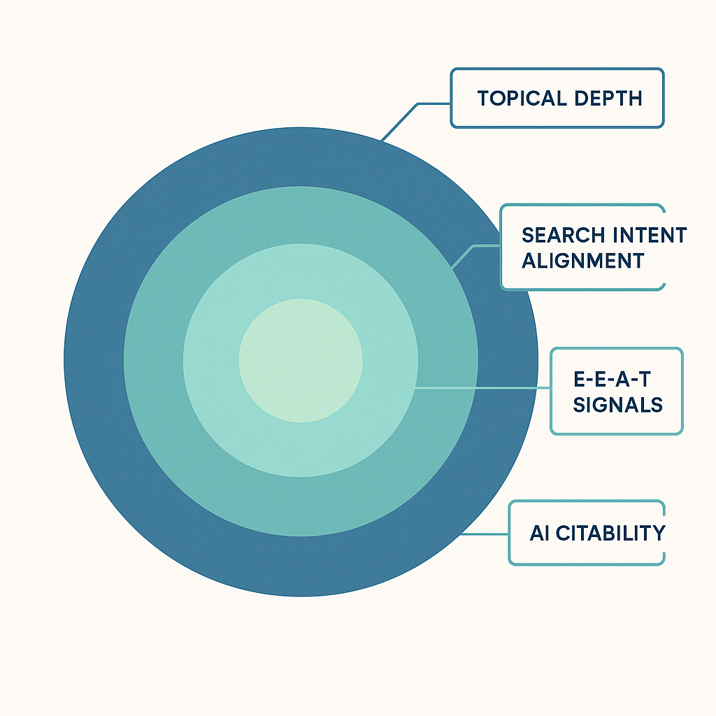 Infographic showing the four layers of SEO content quality including topical depth, search intent, E-E-A-T, and AI citability
