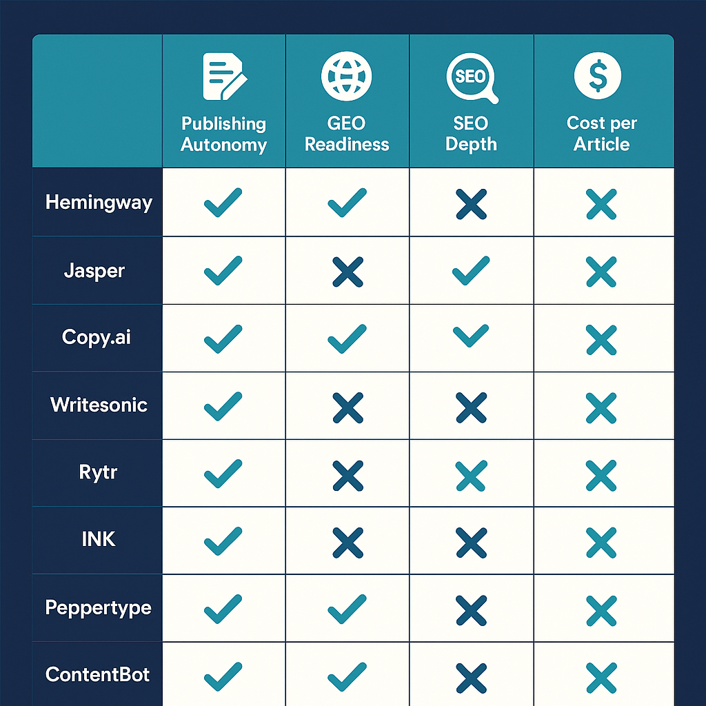 Comparison grid of 8 AI writing services ranked by publishing autonomy, GEO readiness, SEO depth, CMS integration, and cost per article in 2026