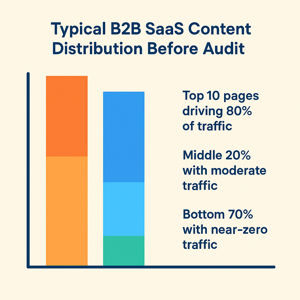 Bar chart infographic showing typical B2B SaaS content traffic distribution before an SEO content audit