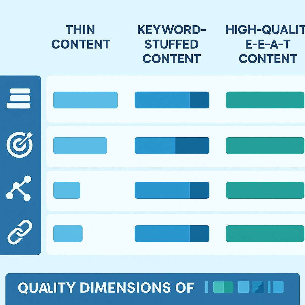 Bar chart comparing thin content, keyword-stuffed content, and high-quality E-E-A-T content across five SEO quality dimensions