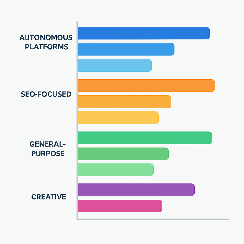 Comparison chart of 15 best AI writing tools ranked by SEO output and AI search visibility in 2026