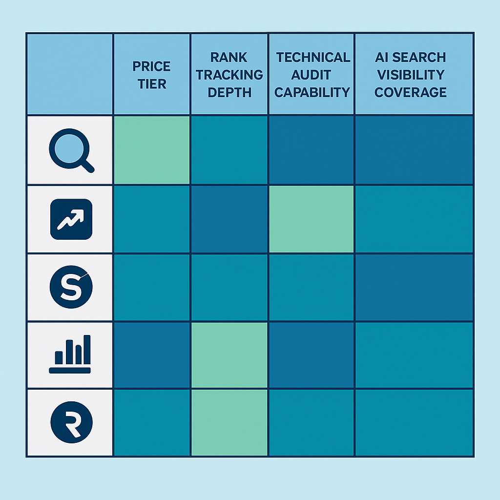SEO monitoring tools comparison table showing pricing tier, rank tracking, technical audit, backlink monitoring, and AI search visibility coverage for six tools