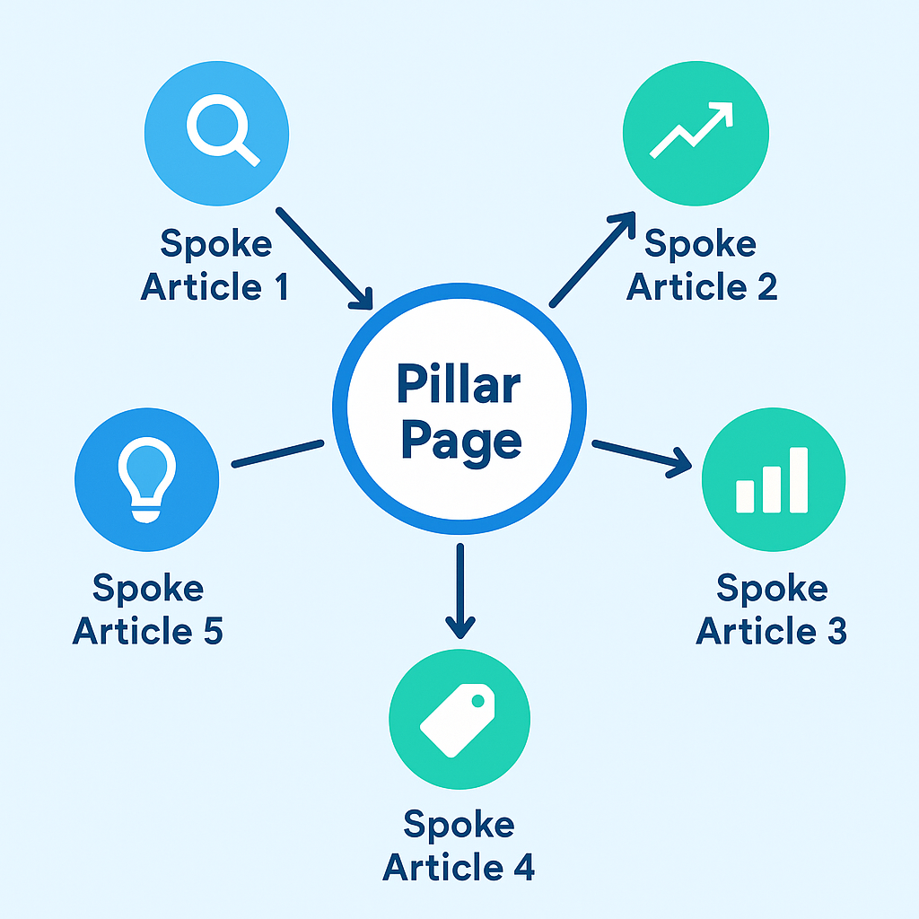 Topic cluster diagram showing hub pillar page connected to spoke articles in a keyword SEO strategy