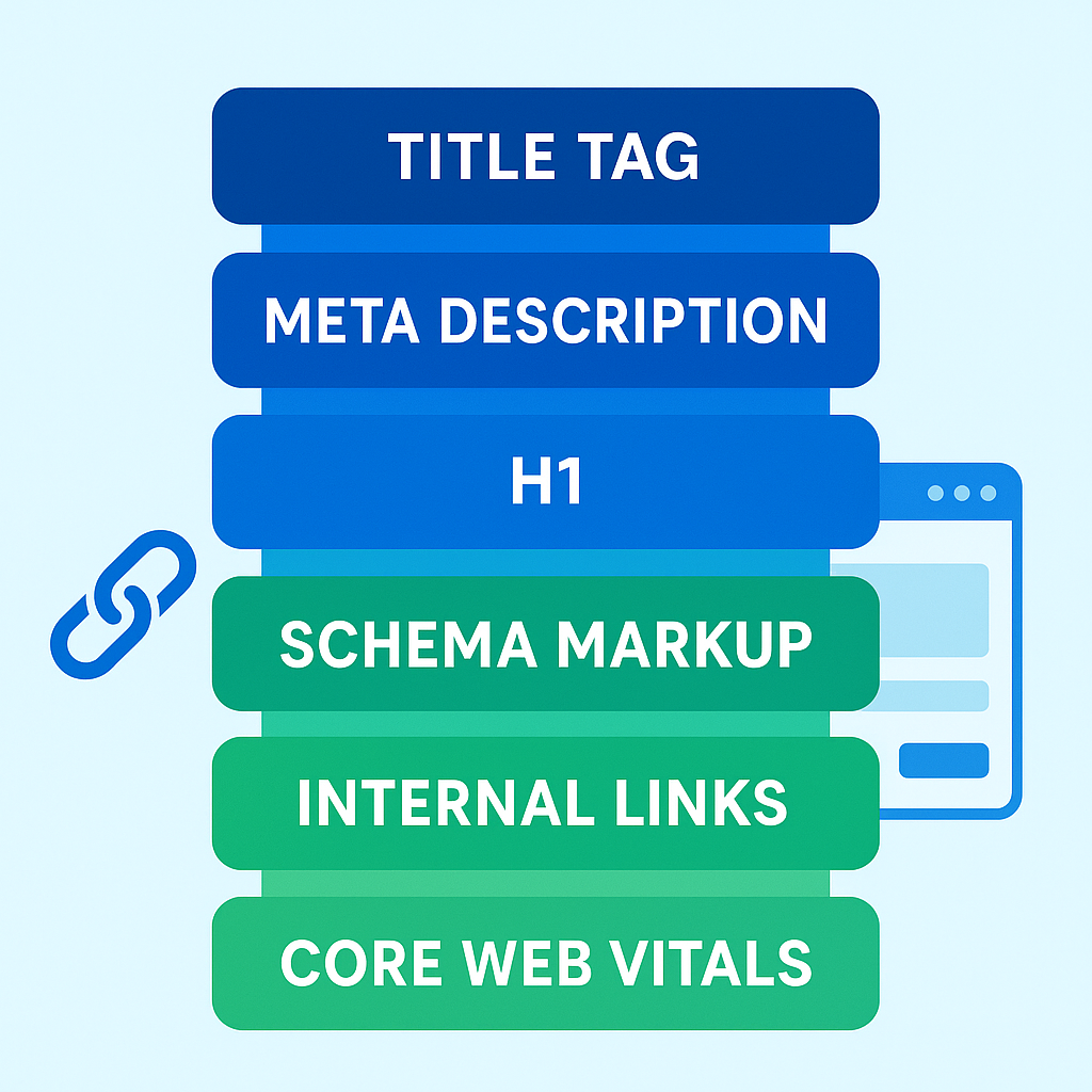 On-page SEO element stack showing title tag meta description H1 schema markup internal links and Core Web Vitals