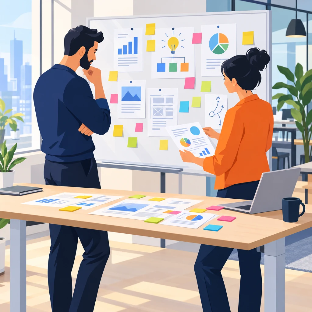 B2B SaaS team reviewing competitor keyword research notes on a whiteboard