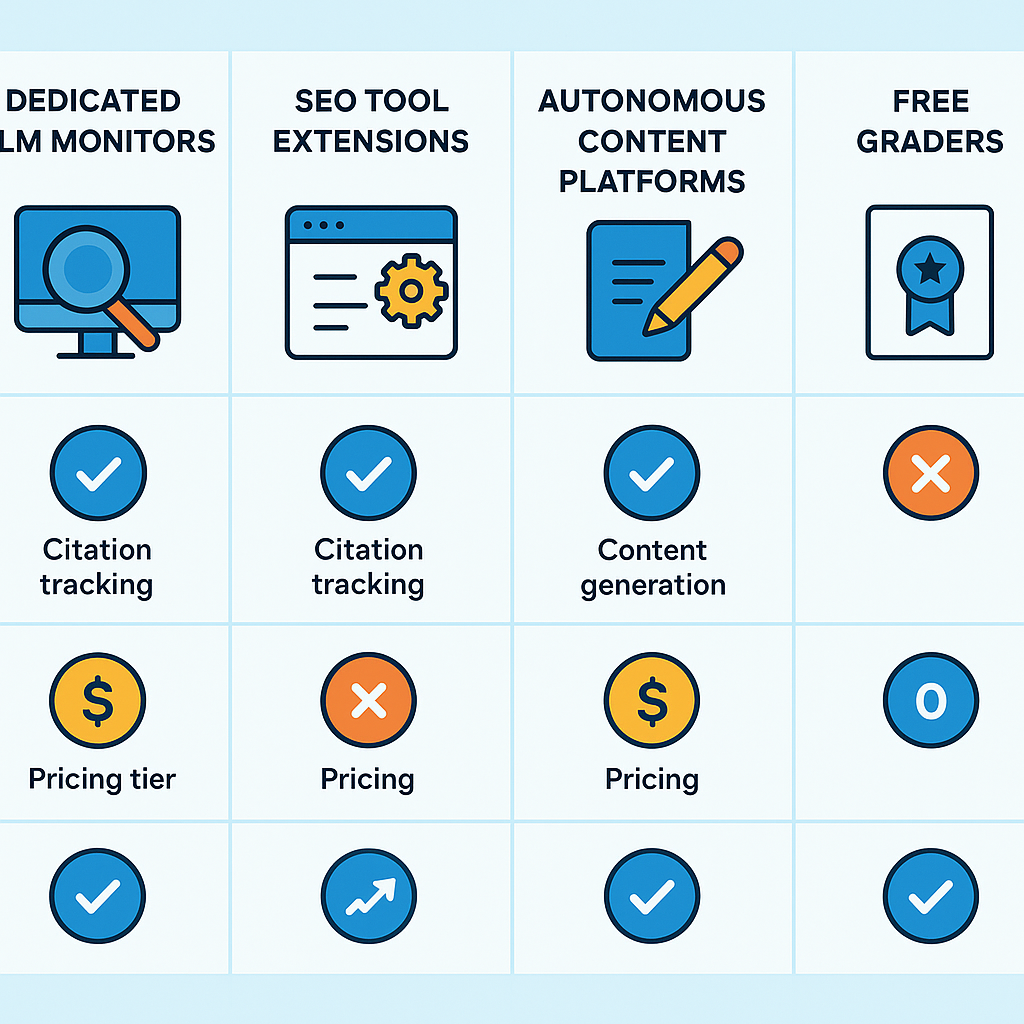 Comparison infographic of AI visibility tracking tool categories including dedicated monitors, SEO extensions, and autonomous platforms