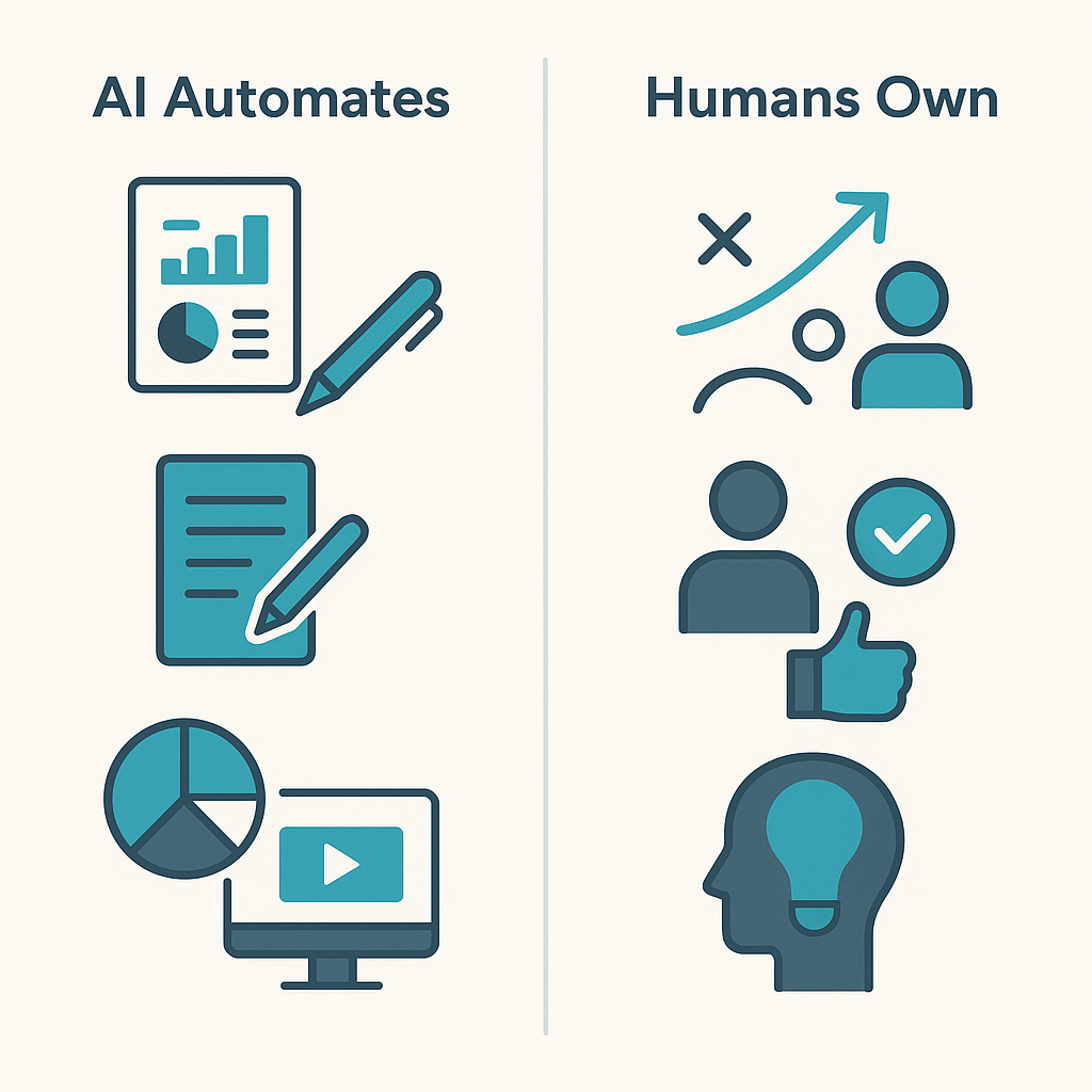 Illustration contrasting what AI automates in marketing versus what human marketers still own in 2026