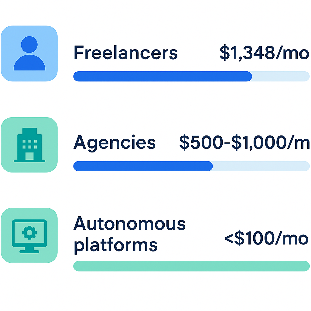 Infographic comparing affordable SEO service pricing tiers for startups in 2026 — freelancers, agencies, and autonomous platforms