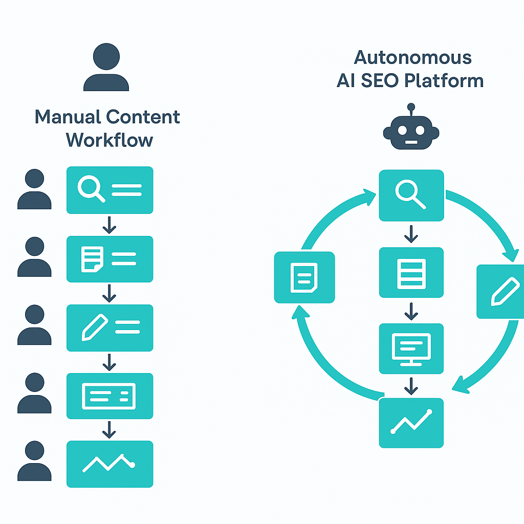 Side-by-side comparison of manual content workflow and autonomous AI SEO platform workflow showing compounding loop