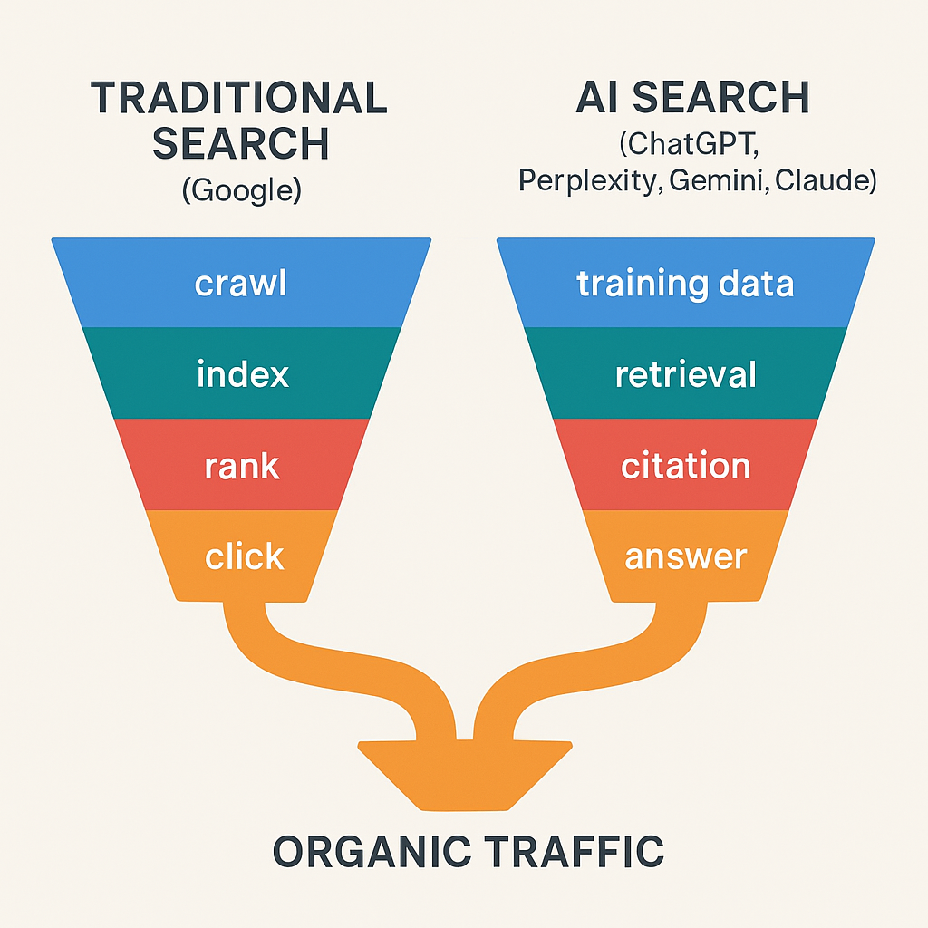 Infographic comparing traditional Google SEO funnel versus AI search citation funnel for organic traffic generation