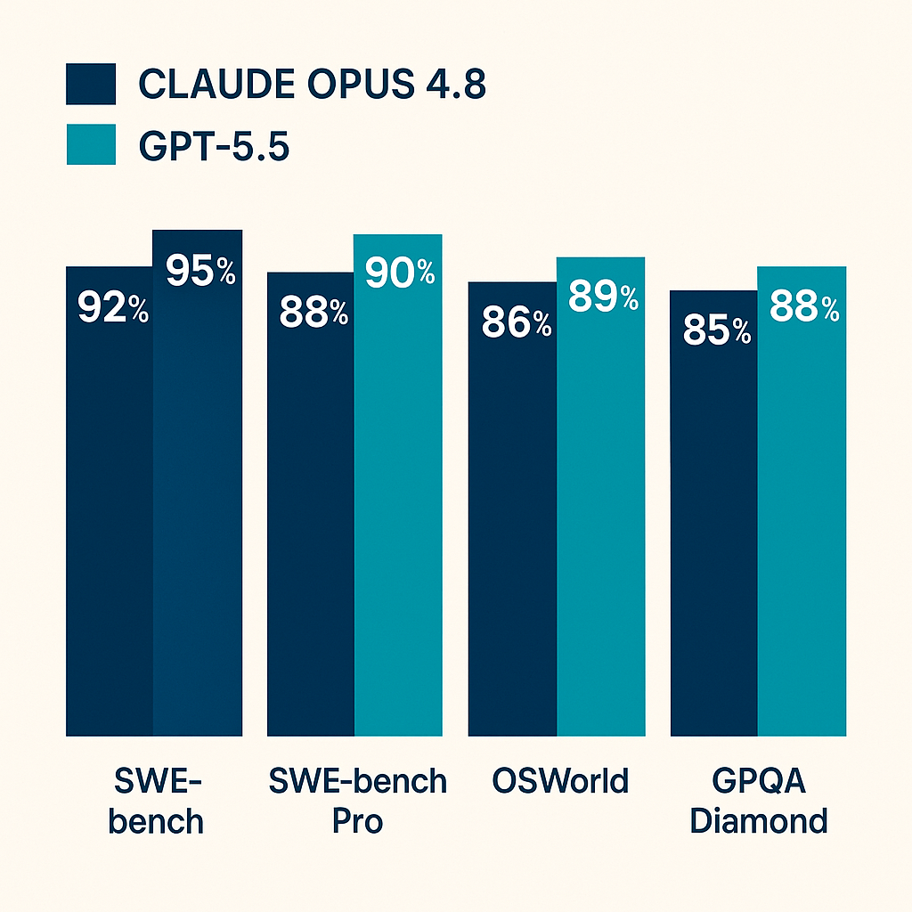Claude vs ChatGPT 2026 benchmark comparison chart showing SWE-bench, OSWorld, and GPQA Diamond scores