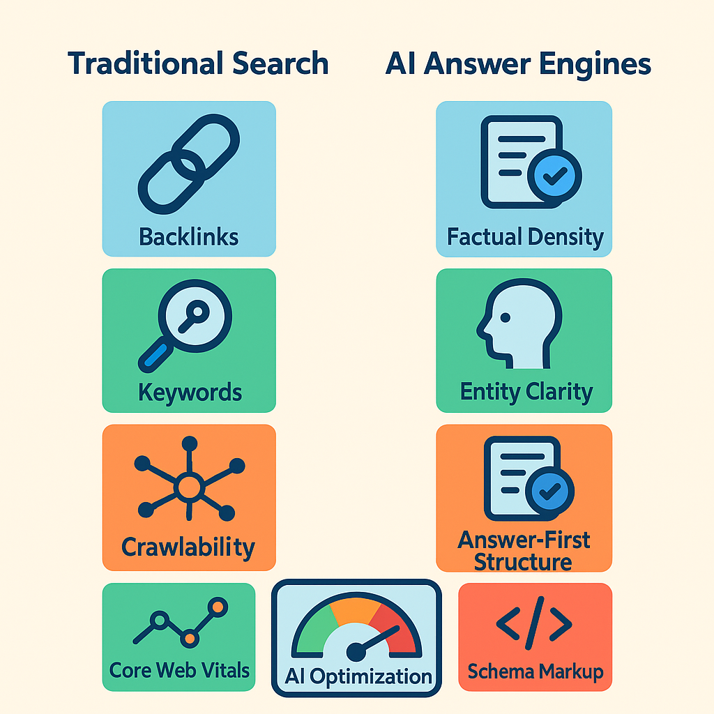 Infographic comparing traditional SEO ranking signals with AI answer engine optimization signals for artificial intelligence optimization